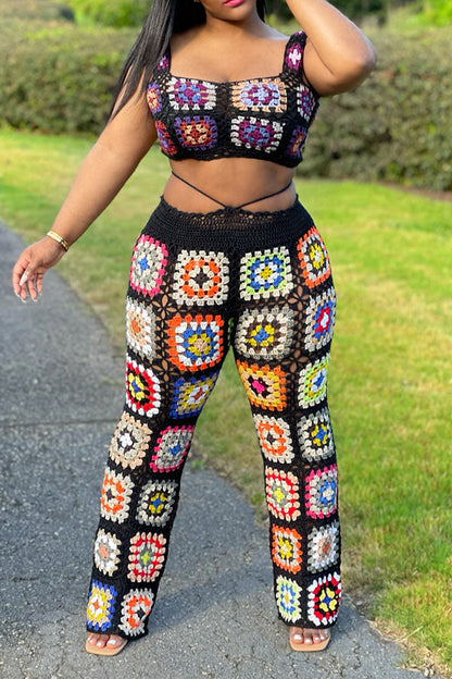 storexq Colorful Flower Pattern Retro Crochet Pants