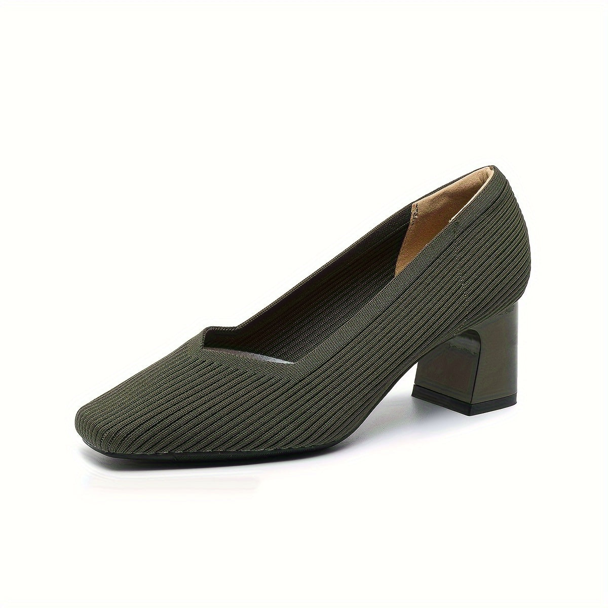 Chic Square-Toe Knitted Pumps - Comfortable Chunky Heel - Versatile Solid Colors - Perfect for Office Wear