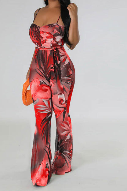 storexq Floral Print Romantic Belted Bell Bottoms Jumpsuit