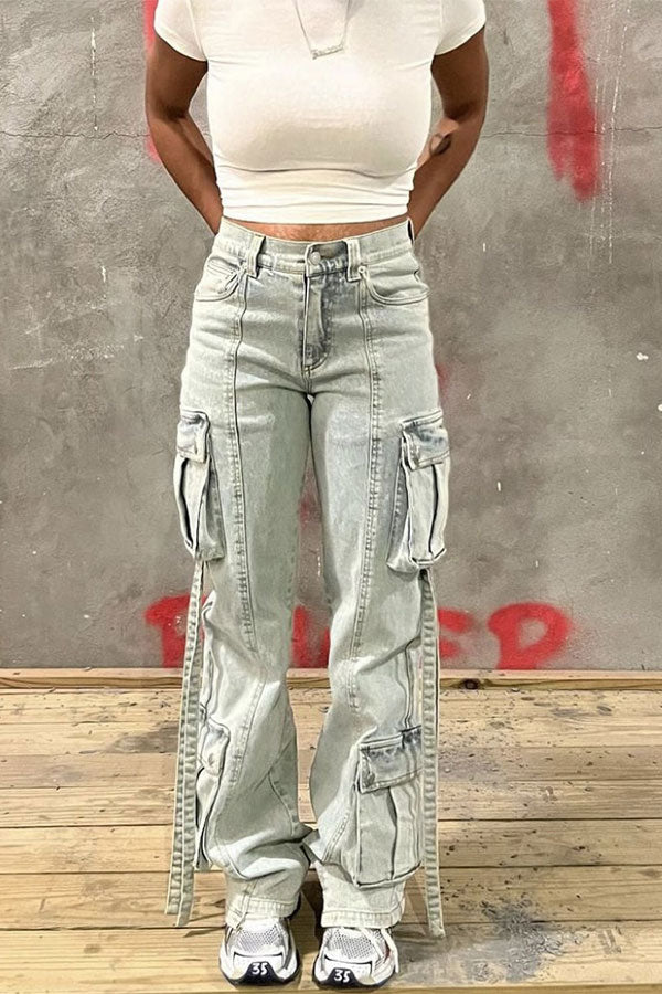 storexq Solid Color Punk Ribbons Multi Pocket Jeans