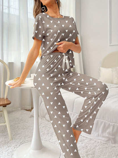 Cozy Heart Print Pajama Set - Soft Micro Elastic Polyester Casual Crew Neck Short Sleeve Top and Pants for Women - Flame Resistant, Random Printing, All Seasons Comfortable Sleepwear