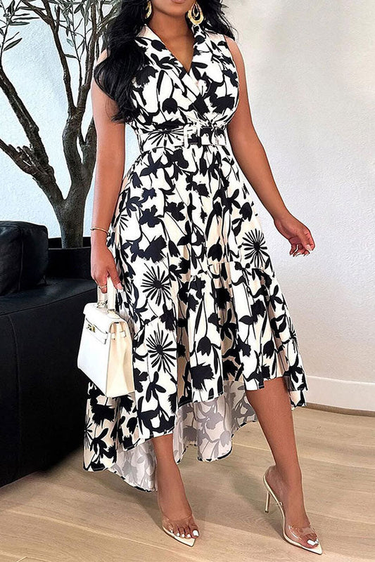 storexq Floral Print Feminine Belted High Low Midi Dress