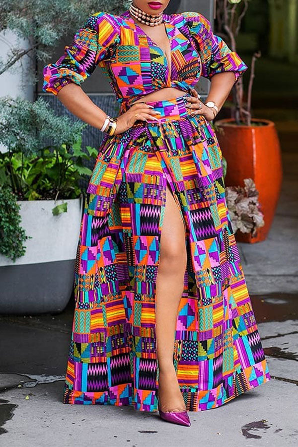 storexq Geometric Print Colorful Twisted High Split Dress Suit