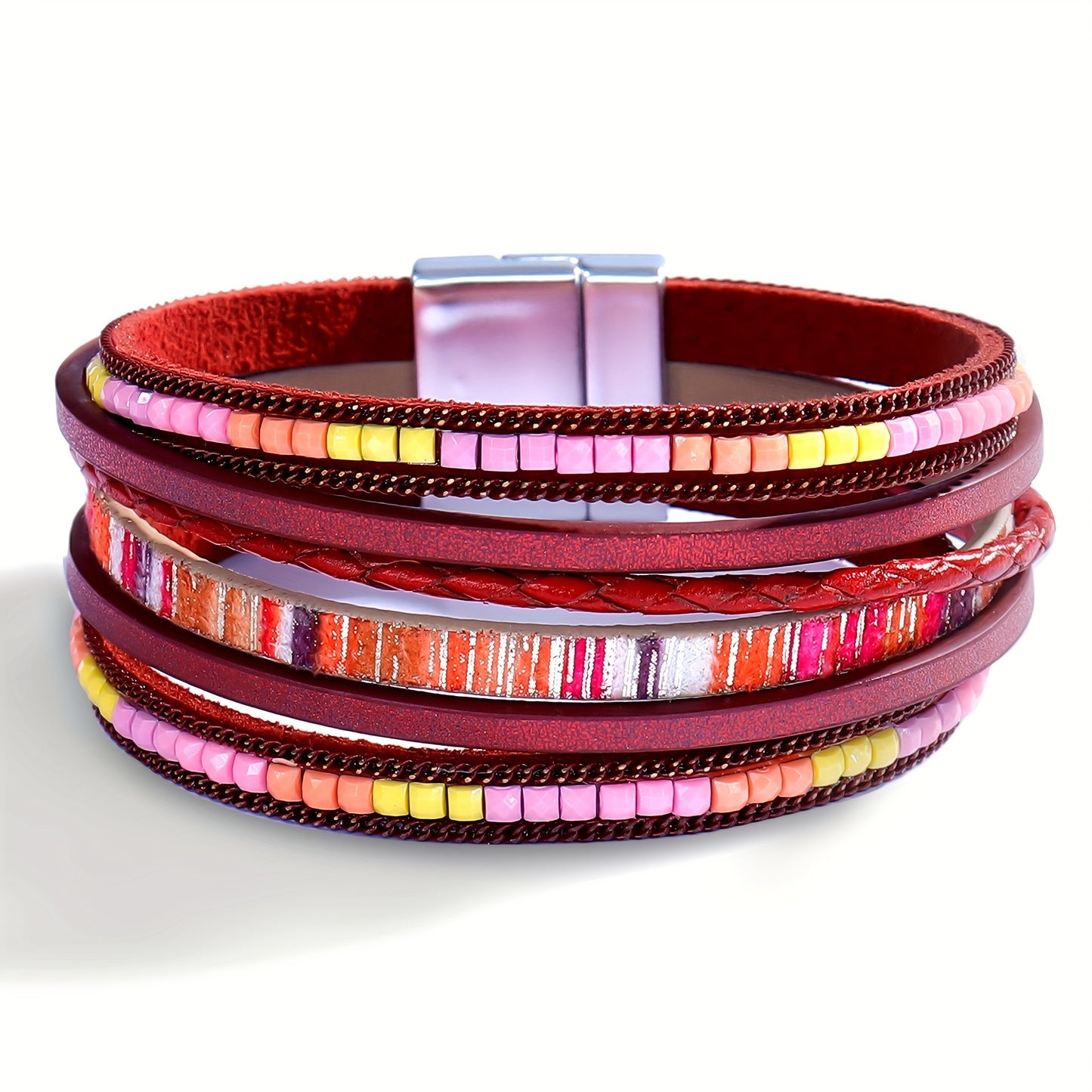 1pc Bohemian Multilayer Faux Leather Bracelet - Chic Magnetic Clasp - Versatile Accessory for Casual & Party Wear