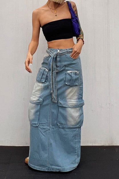 storexq Gradient Punk Multi Pocket Belted Denim Skirt