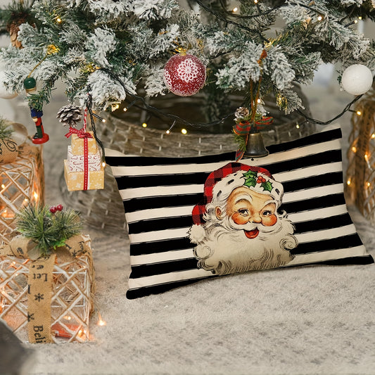 Contemporary Striped Linen Throw Pillow Cover 12x20inch - Christmas Santa Claus Cushion Case with Zipper, Machine Washable, Festive Decoration for All Rooms - 1pc (No Insert) Black & White