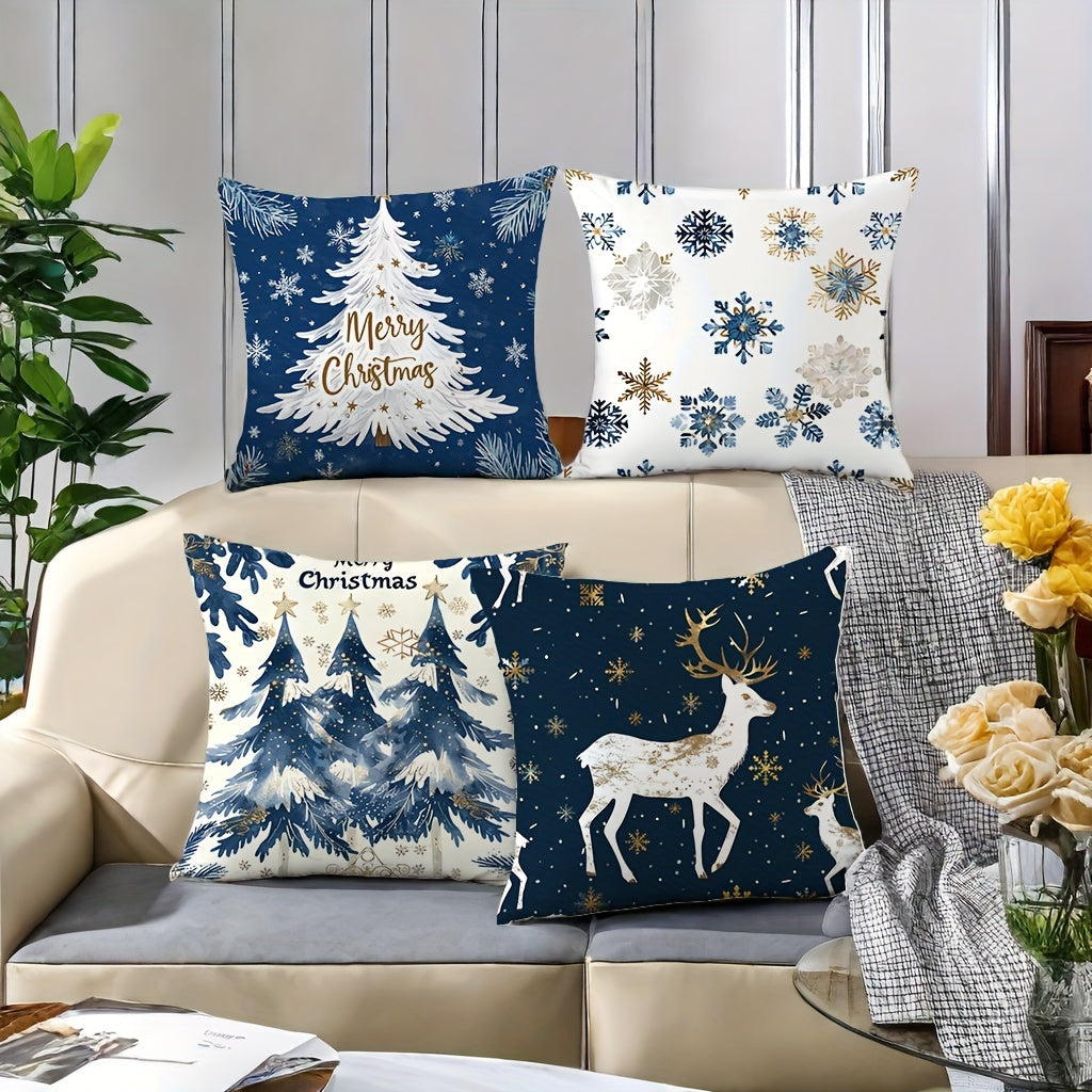 Contemporary Christmas Throw Pillow Covers Set of 4, Hand Washable Blue Polyester Decorative Pillowcases with Zipper Closure, Woven Elk, Christmas Tree, Snowflake Print Cushion Covers for Sofa, Bedroom Decor - 18x18 Inches (Pillow Inserts Not Included)