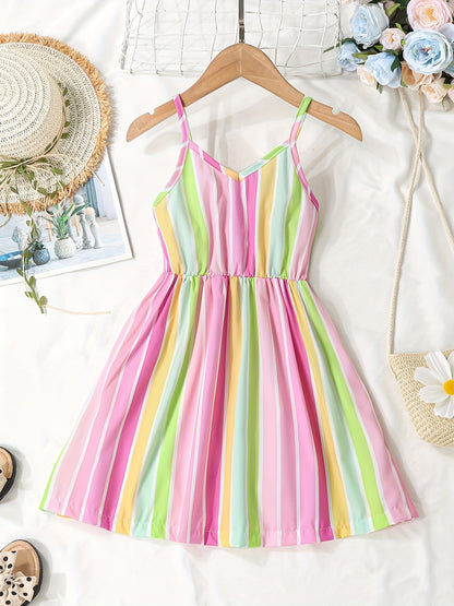 Chic Summer Striped V-Neck Cami Dress for Girls: Easy-Care, Breathable & Durable – Ideal for Party & Beach Fun