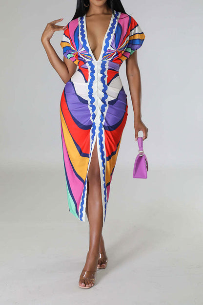 storexq Tribal Print Feminine Draped High Split Midi Dress