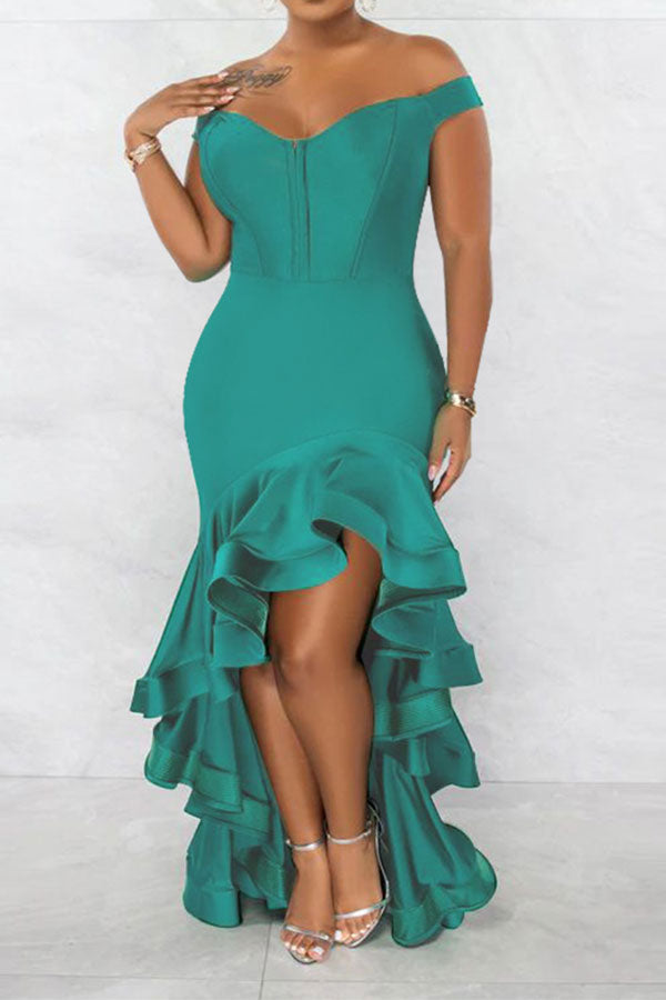 storexq Solid Color Rocking High Low Ruffle Maxi Dress