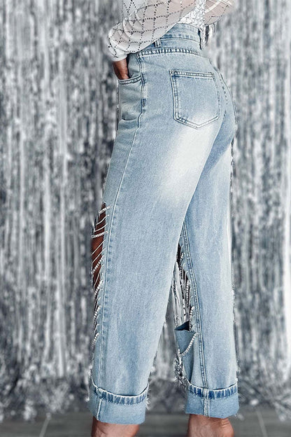 storexq Ripped Cool Rhinestone Chain Decor Jeans