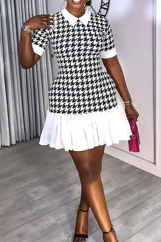 storexq Patchwork Houndstooth On-trend Ruffle Mini Dress