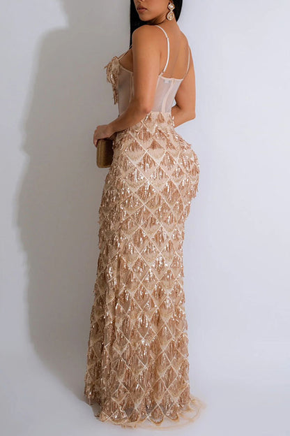 storexq Patchwork Sequined Tassel Sophisticated Maxi Dress