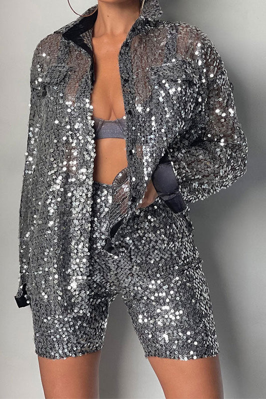 storexq Sequined Bright Shirt Collar See-Through Pant Suit