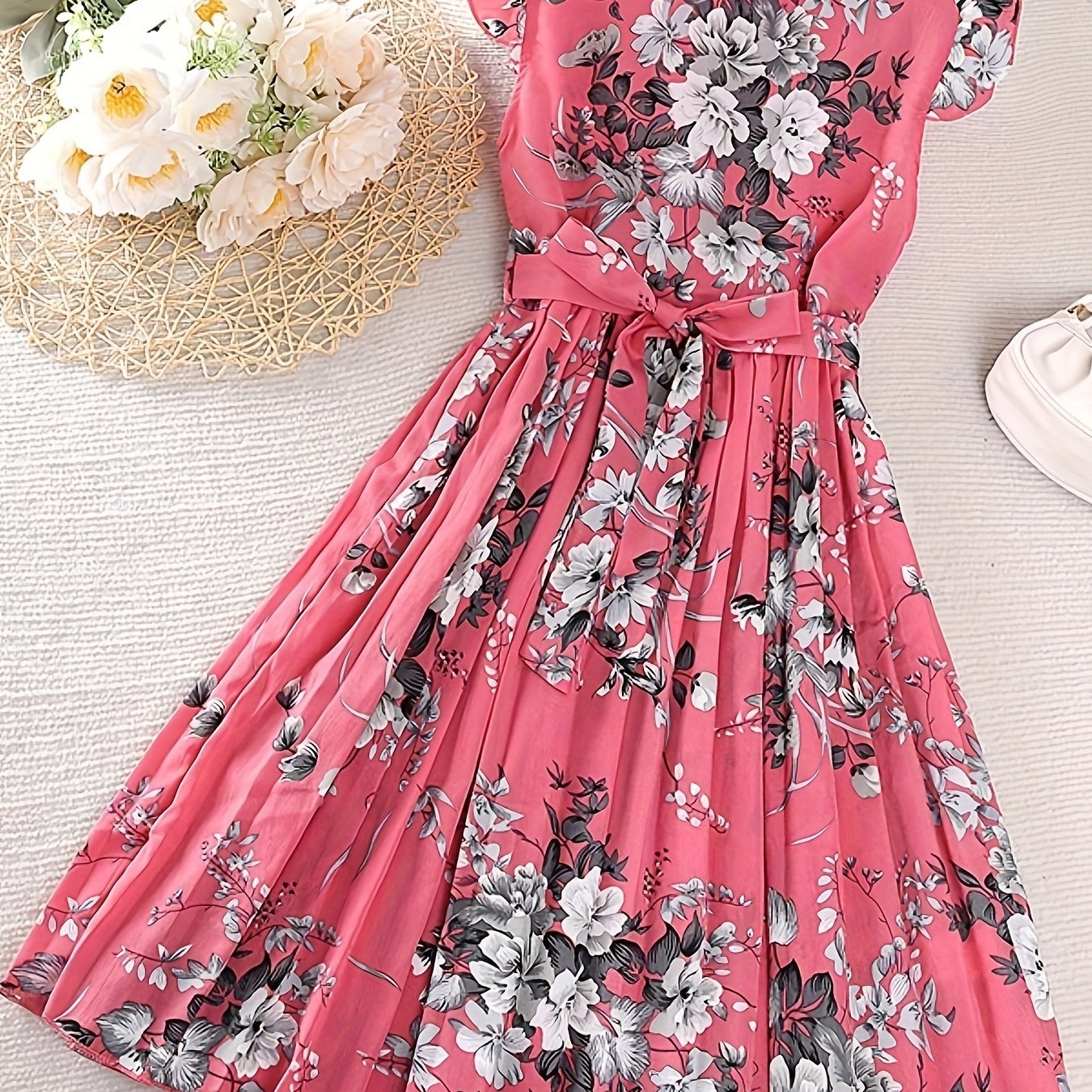 Knee High Floral Pleated Sleeveless Midi Dress for Girls - Casual Summer Outfit with Belt - Polyester Non-Stretch Fabric, Hand Washable, Perfect for Holiday and Outdoor Activities