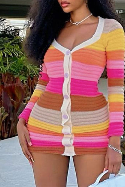 namcoverse Rainbow Knitted Classic Button Down Mini Dress