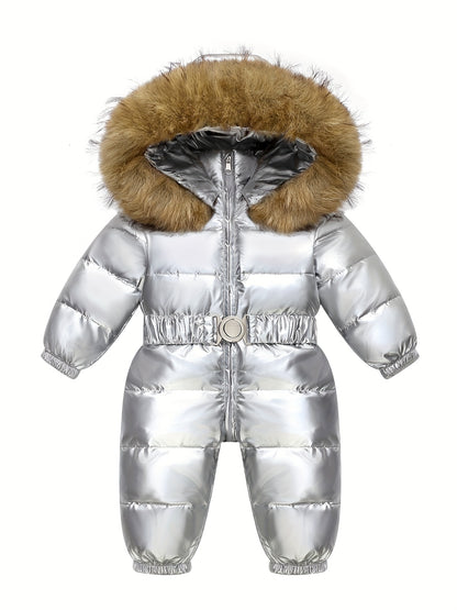 Baby's Warm Hooded Down Jacket, Thickened Long Sleeve Snowsuit With Zipper For Outdoor Wear