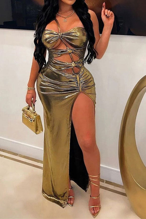 namcoverse Metallic Hot Knotted Cutout High Split Midi Dress