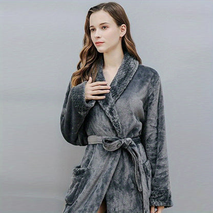 1pc Autumn And Winter Bathrobe, Soft And Skin-friendly Long Sleeve Bathrobe, Thickened Nightgown With Pocket, Warm Long Robe For Home, Bathroom Supplies