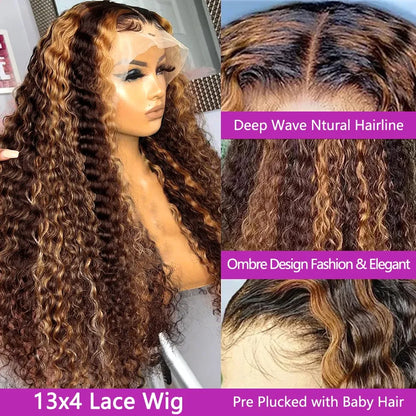 Brazilan Hd Lace Highlight Water Deep Wave Frontal Wig Honey Brown Glueless Curly Lace Front Wigs Colored Synthetic Bob for Women 30 Inch