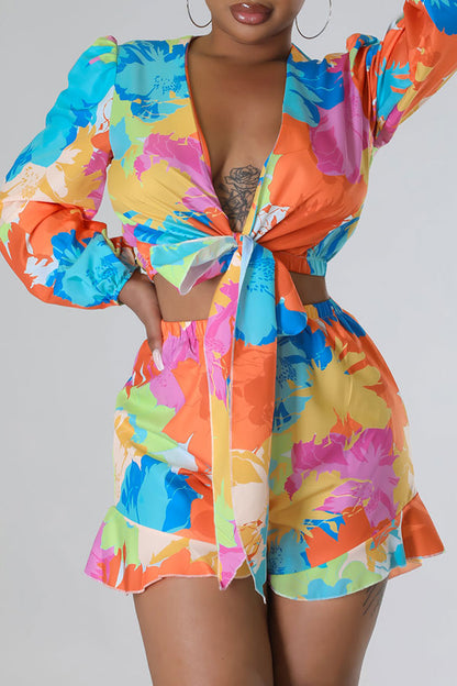 storexq Floral Print Cute Tie Front Pant Suit