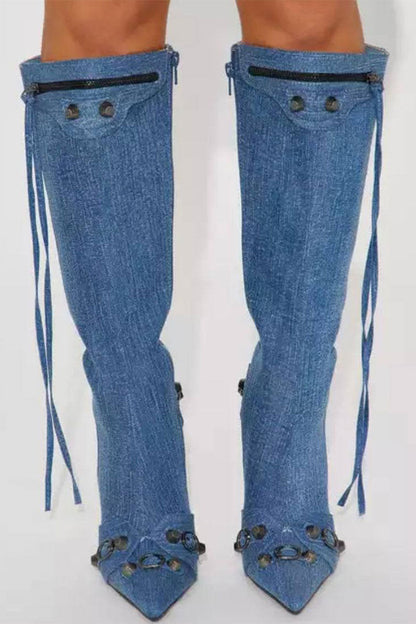 storexq Rivet & Tassel Design Cool Pointed Toe Denim Boots