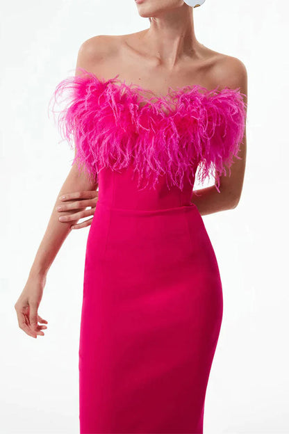 storexq Solid Color Pretty Feather Trim Bandeau Midi Dress