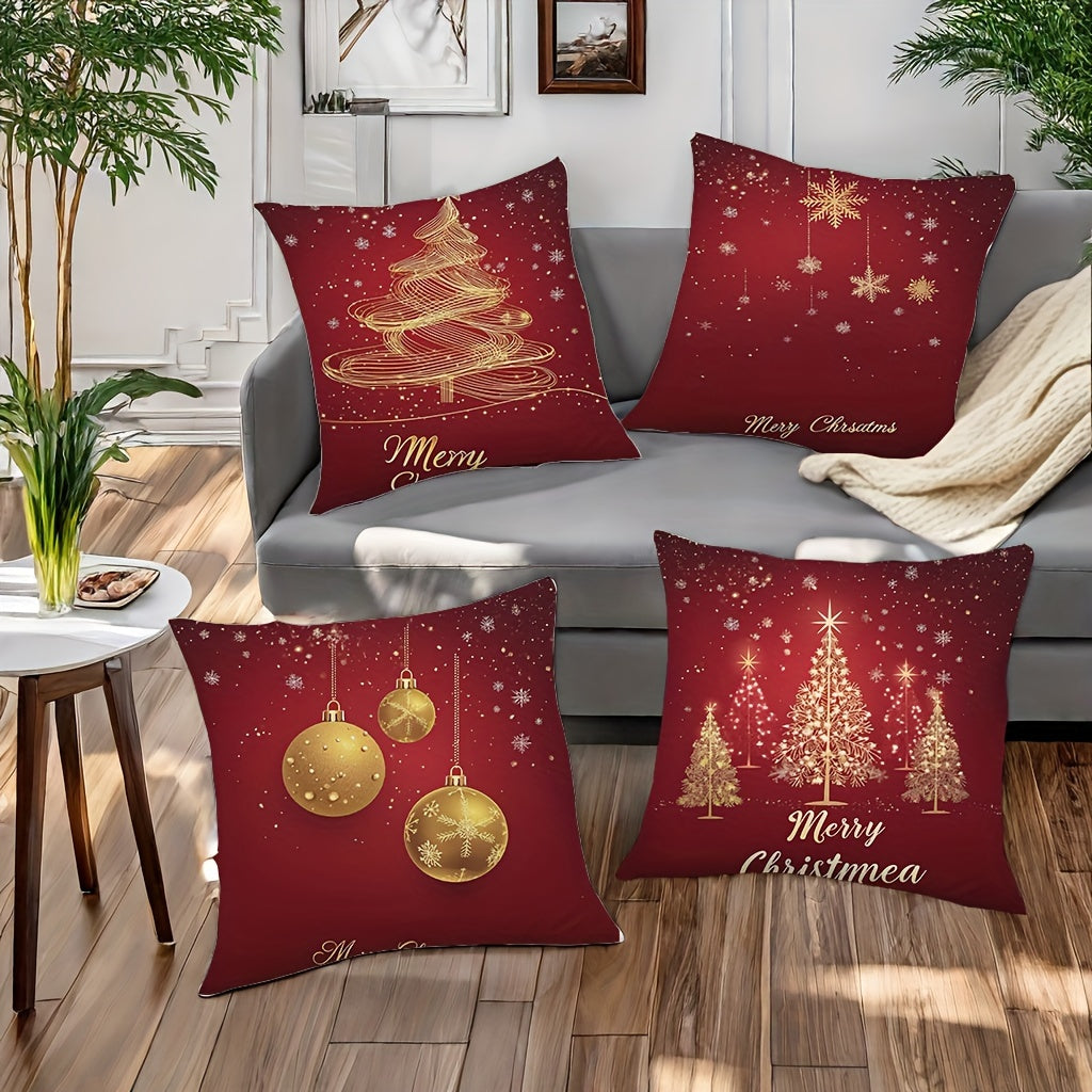 4-Piece Set of Christmas Pillows, 17.2"x17.2" each, Red Christmas Tree & Ornament Print, Zipper Closure, Soft Polyester Fiber, Contemporary Style, Machine Washable, Living Room Sofa Decor