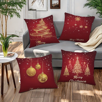 4-Piece Set of Christmas Pillows, 17.2"x17.2" each, Red Christmas Tree & Ornament Print, Zipper Closure, Soft Polyester Fiber, Contemporary Style, Machine Washable, Living Room Sofa Decor