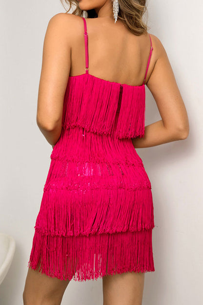 storexq Solid Color Retro Tiered Tassel Mini Dress