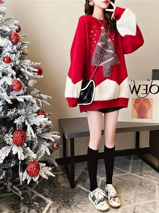 Christmas Pattern Crew Neck Sweater, Casual Long Sleeve Sweater For Fall & Winter, Women's Clothing