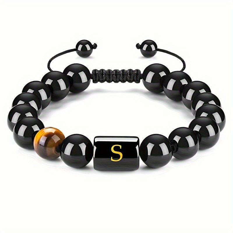 1pc Stunning 26-Letter 10MM Synthetic Stone Bead Adjustable Rope Chain Woven Bracelet - Fashionable Accessory for Men and Women - Ideal Gift for Friends and Family - Durable and Comfortable to Wear