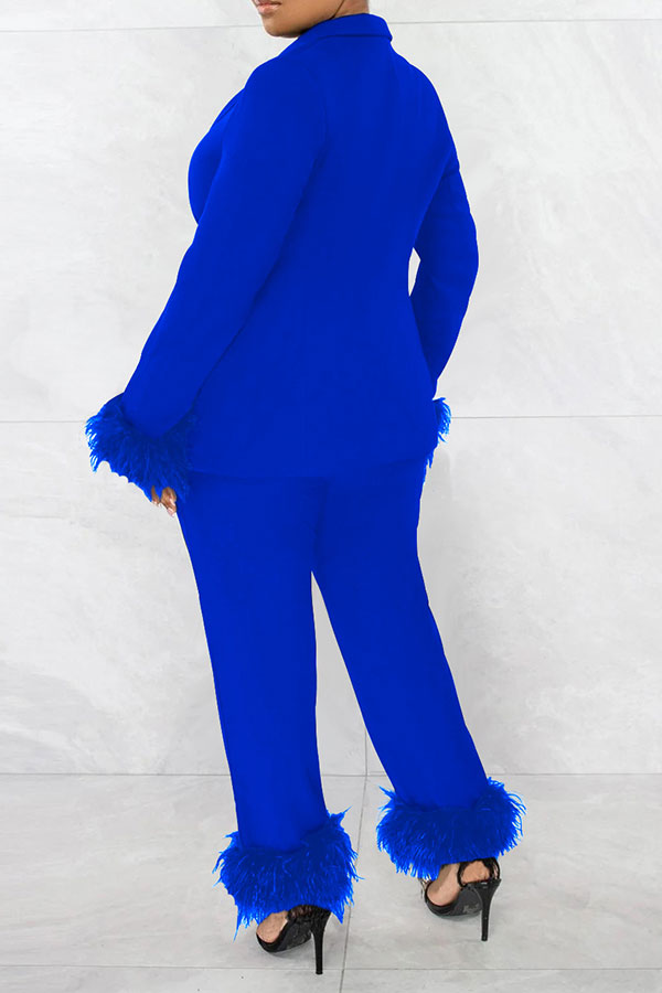 storexq Solid Color Glamorous Feather Trim Office Pant Suit