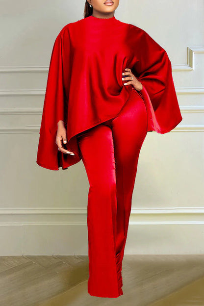 storexq Solid Color Batwing Sleeve Rocking Flowy Pant Suit