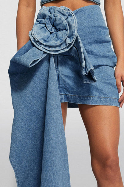 storexq 3D Rose Design Sweet Side Train Denim Skirt