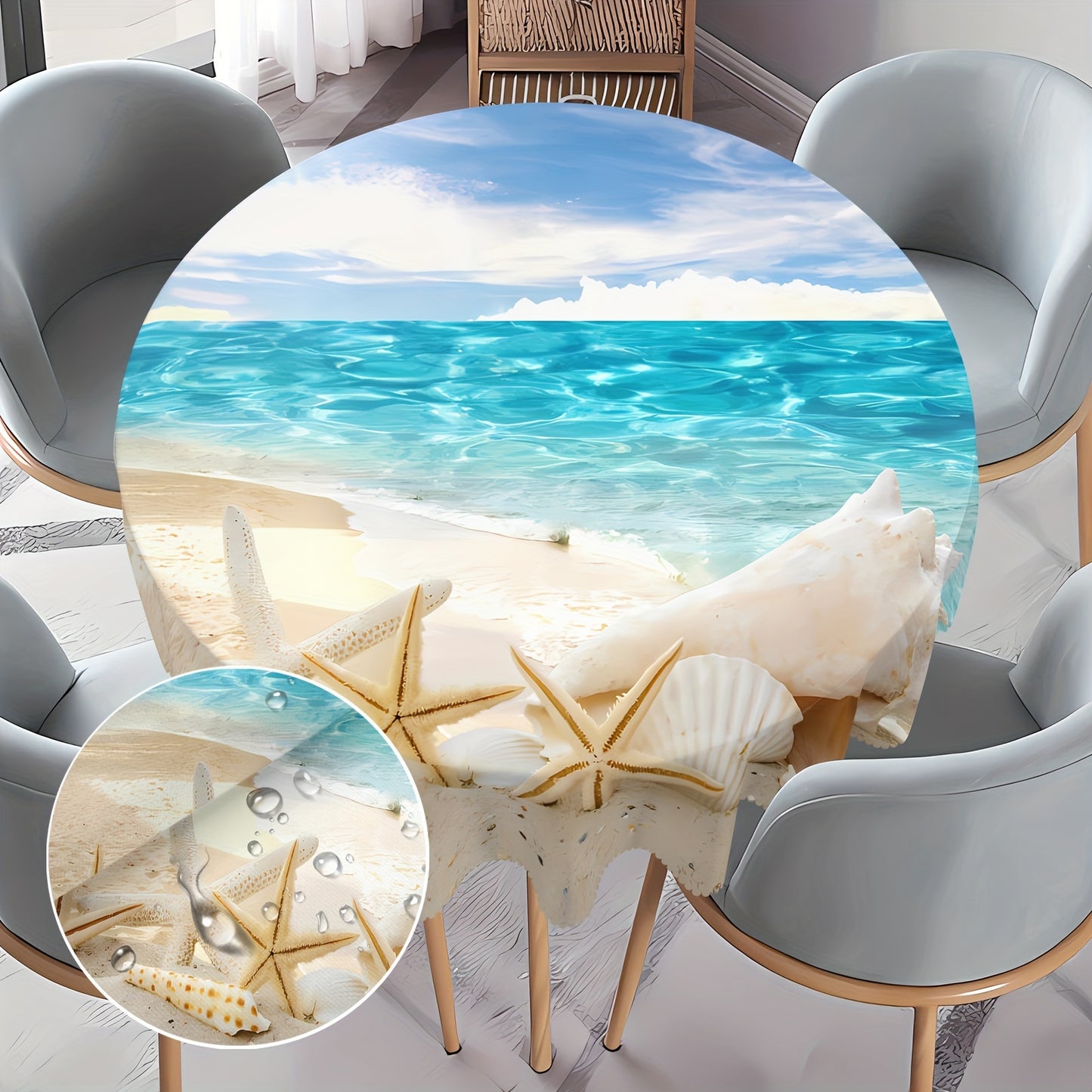 1pc Round/Square Tablecloth, Ocean Beach Clouds Table Cloth, Summer Seascape Coast Sky Shellfish Starfish Wave Tablecover, Waterproof Stain Wrinkle Free, Indoor And Outdoor Table Cover, For Home Kitchen Dining Party Decoration