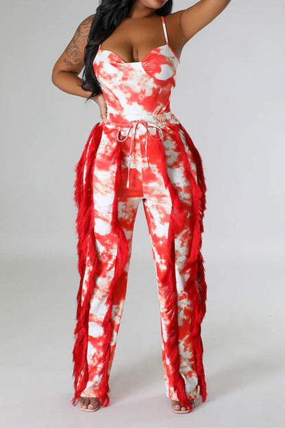 storexq Tie Dye Pretty Tassel Patchwork Pant Suit