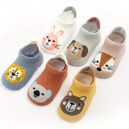 12 Pairs Of Boy's Adorable Cartoon Animals Pattern Floor Socks With Non Slip Grains, Comfy Breathable Casual Soft & Elastic Socks, Spring & Summer