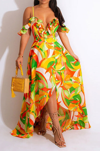 namcoverse Leaf Print Tropical Ruffle Irregular Split Maxi Dress