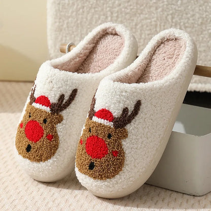 Christmas Deer Slippers Women Men Soft Warm Plush Cozy Slippers Indoor Home Anti Slip Fuzzy Winter Shoes Slip-On House Slippers