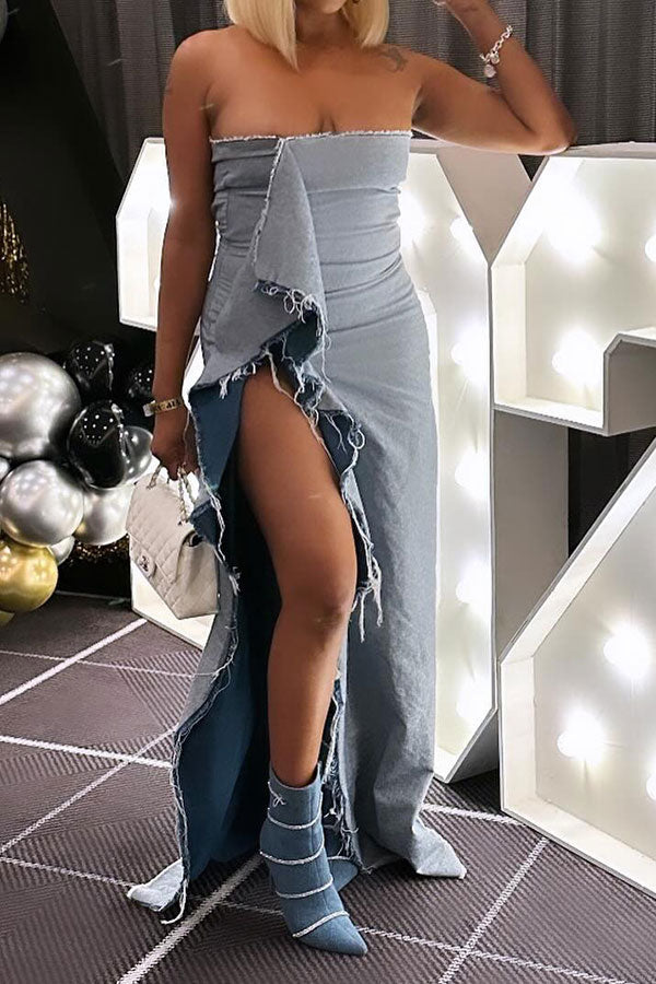 storexq Denim Strapless Unusual Ruffles High Split Maxi Dress