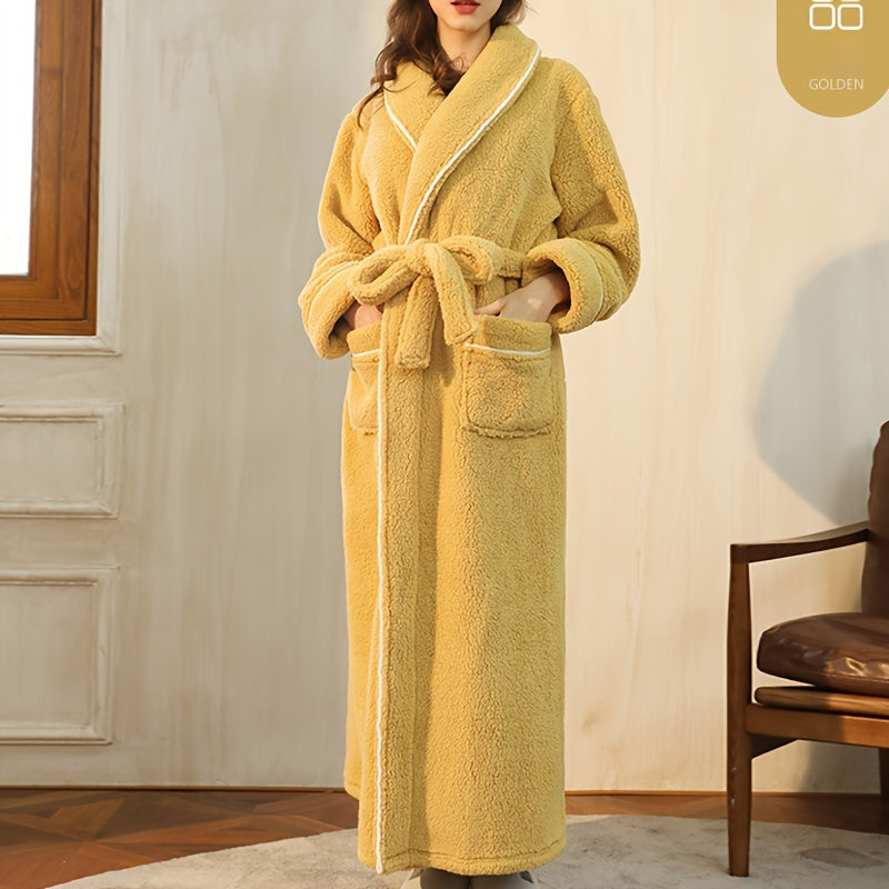 1pc Luxurious Autumn Winter Bathrobe - Plush Unisex Pajamas, Extra Thickened & Warm, Large Size Long Sleeve Robe with Handy Pockets - Ultimate Cozy Home Wear for Indoor Comfort, Essential Bathroom Supplies