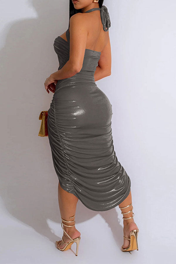 namcoverse Metallic Flirty Cutout Twisted High Split Irregular Midi Dress