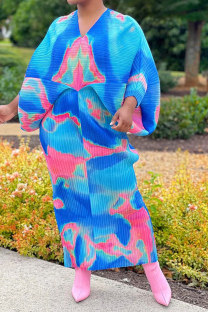 storexq Tie Dye Colorful Batwing Sleeve Midi Dress