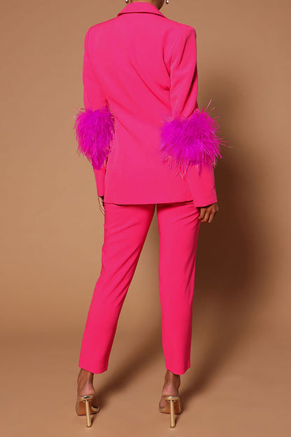 storexq Solid Color Feather Trim Stylish Pant Suit