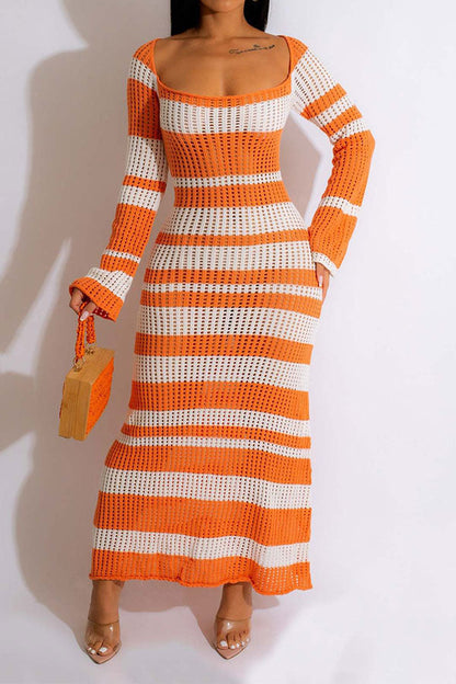 storexq Color Block Casual Hollow-Out Knitted Maxi Dress