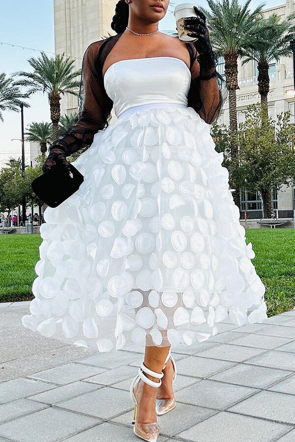 storexq Solid Color 3D Polka Dot Design Chic A-Line Skirt