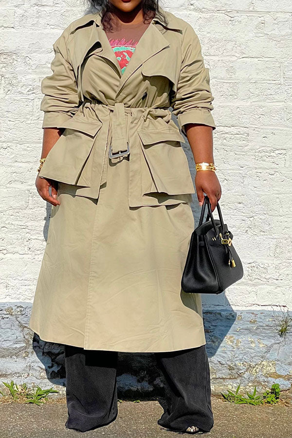 storexq Solid Color Feminine Belted Double Breasted Trench Coat