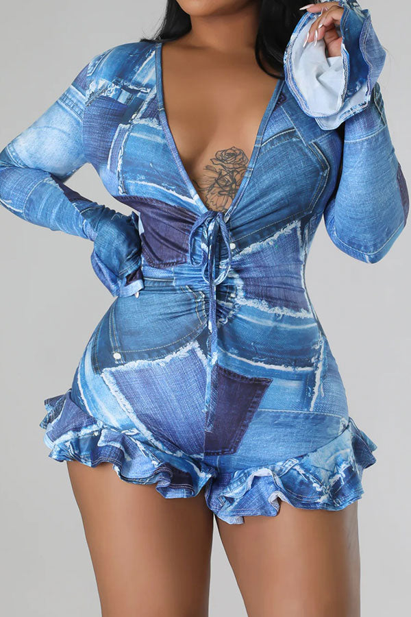 storexq Denim Print Smart Lace-Up Ruffle Romper