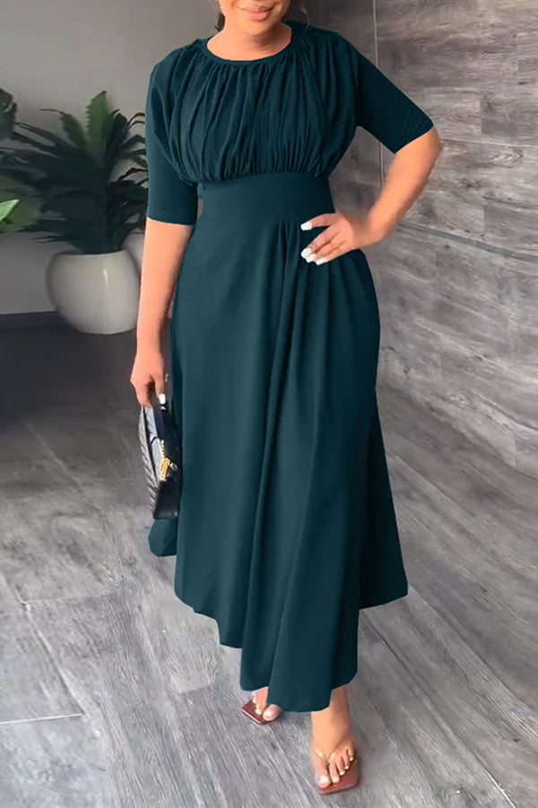 storexq Solid Color Stunning Pleated Detail Irregular Hem Midi Dress